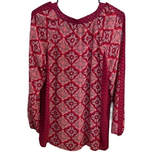 New Directions Printed Boho Blouse Top V-Neck Pullover 3/4 Sleeve Red Medium - Picture 2 of 4